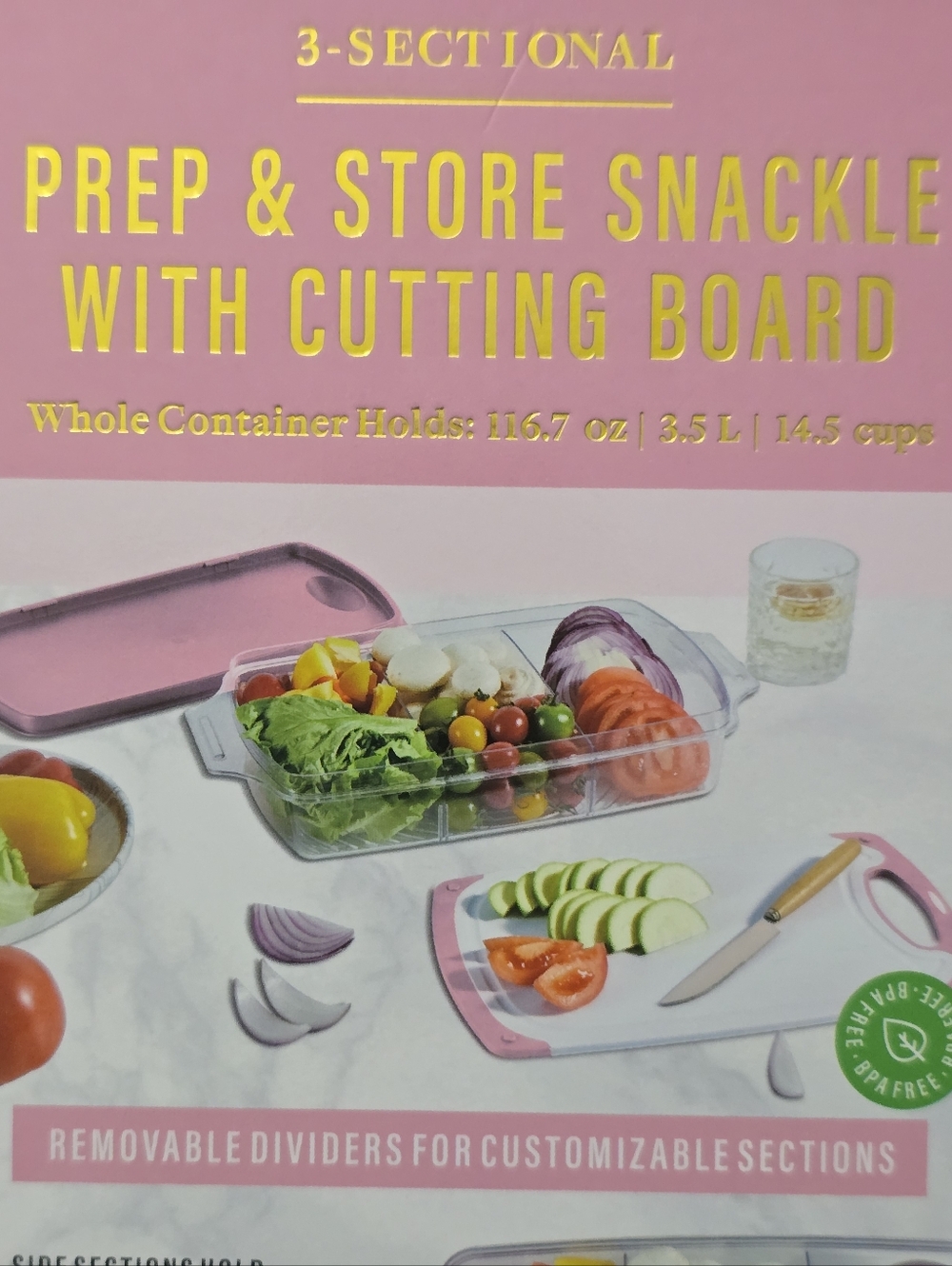 3 Sectional Prep & Store Snackle Box w/ Cutting Board NEW